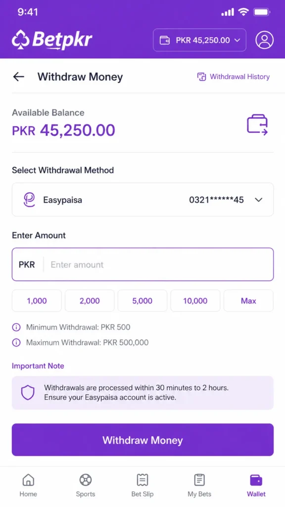 withdraw money on betpkr app